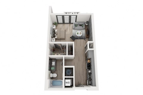 Studio 1 bathroom floor plan at WOODBURN EXCHANGE, Cincinnati, 45206